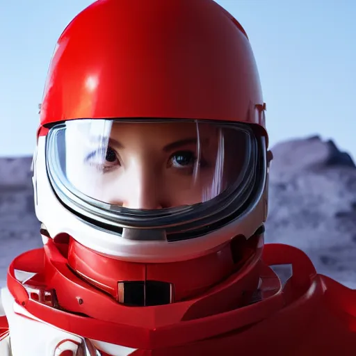 Image similar to headshot of a beautiful female soldier, no makeup, in glossy sleek white armor and a long red cape, looking up at camera, determined expression, no helmet, on the surface of mars, cinematic, sci-fi, hyperrealistic, detailed