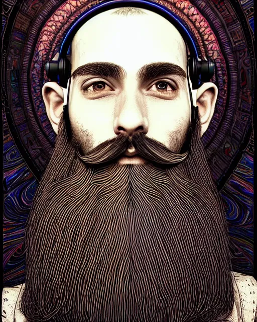 Prompt: detailed hipster skinny man with vr headset, long vibrant beard, dmt, by james gurney + intricate and vibrant work + portrait + trending on artstation + incredible gothic illustration + exquisite detail