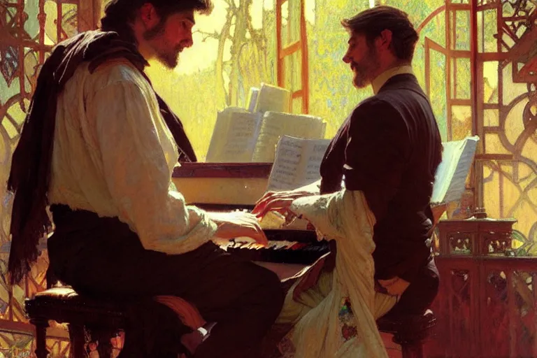 Image similar to attractive man, playing piano, painting by gaston bussiere, craig mullins, greg rutkowski, alphonse mucha