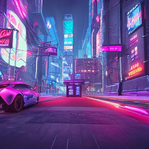 Image similar to Neon cyberpunk cityscape of Toronto with flying cars and advertisement screens, Blender 3D, Unreal Engine, 8k, by Jordan Grimmer and Andrea Pozzo