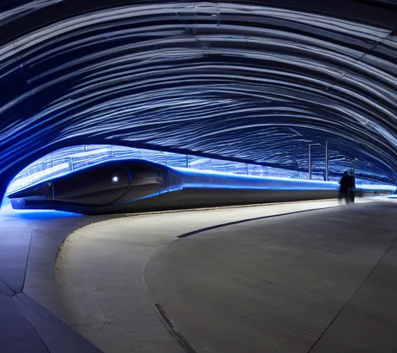 Prompt: dark blue plastic transparent hyperloop tunnel by zaha hadid, space capsule glowing in the dark, dark moody monochrome colors,