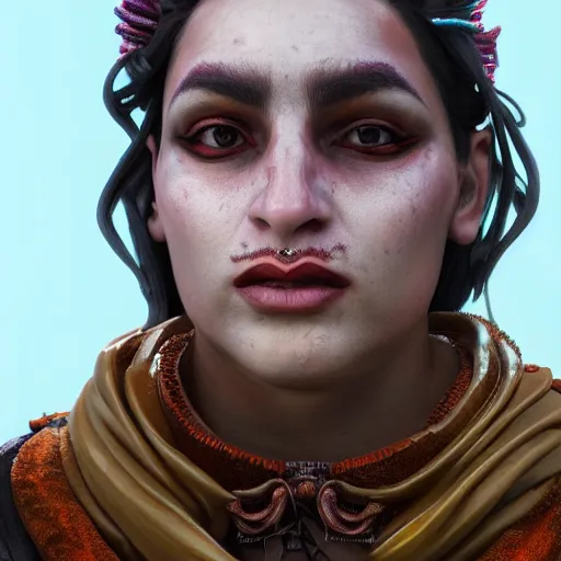 Image similar to an oil art close up portrait of young roma mage with hex magic in style of disco elysium character, gipsy jester character design from ravenloft, 4 k, ultra detail, volumetric lighting, unreal engine, octane render