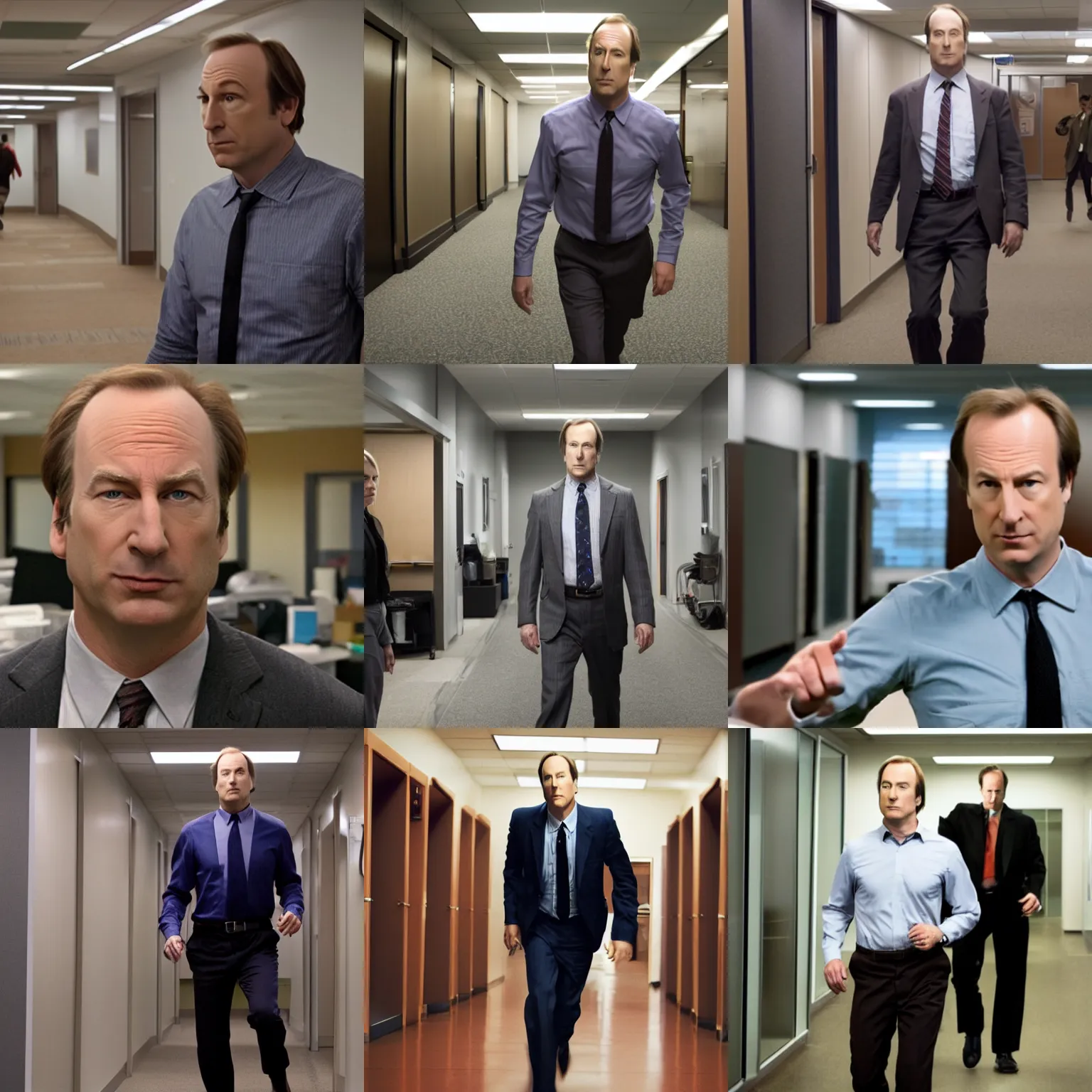 Prompt: pov : bob odenkirk chases you through endless office corridors, running, frantic