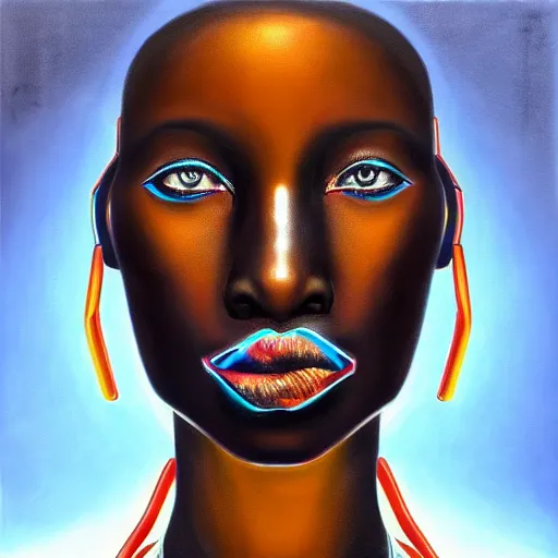 Prompt: a realistic oil painting of a black woman as a cybernetic cyborg, surrealism portrait, surrealism album cover