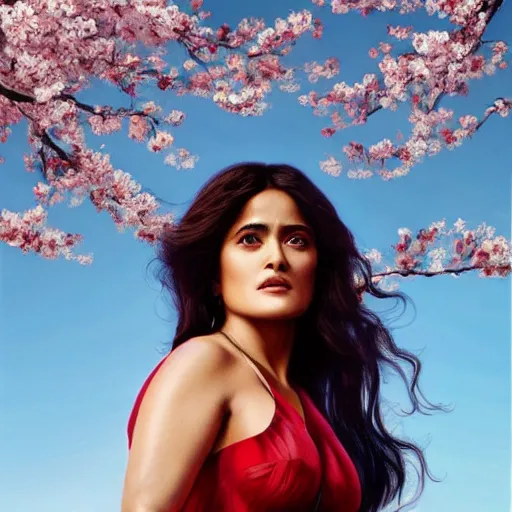 Prompt: photo of salma hayek in the style of stefan kostic, realistic, body shot, sharp focus, 8 k high definition, insanely detailed, intricate, elegant, art by stanley lau and artgerm, cherry blossoms