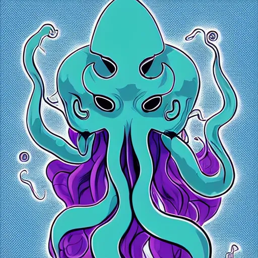 Prompt: comic book panel of a medium shot cute cthulhu by jamie mckelvie moving it's tentacles against a blue background, digital art