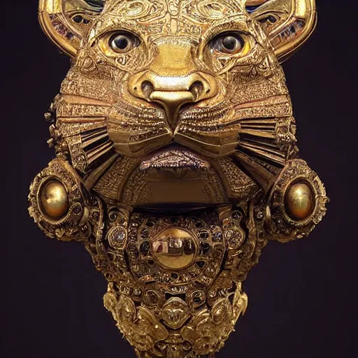 Prompt: masterpiece sculpture of an ornate bejeweled mechanical cat head, by annie swynnerton and diego rivera and nicholas roerich and jean delville, symbolist, dramatic lighting, god rays, elaborate geometric ornament, art brut, rich colors, smooth, sharp focus, extremely detailed, adolf wolfli and ( donato giancola )