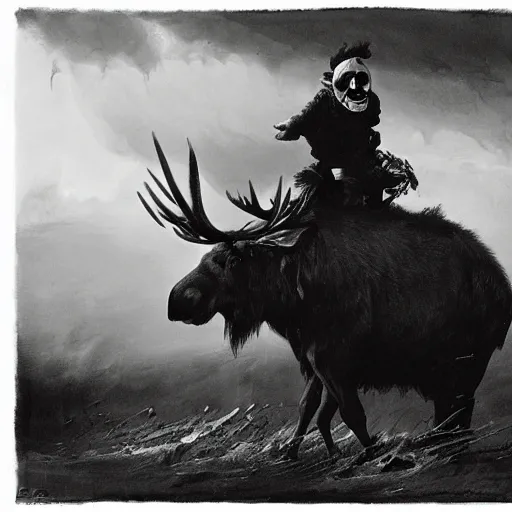 Image similar to portrait of a scary clown riding a moose, by peder balke by peder balke by greg rutkowski, by guido crepax by norman bluhm mystic high contrast monochromatic noir