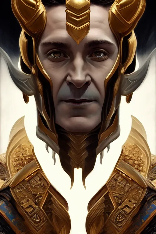 Image similar to symmetry!! portrait of loki in the style of god of war, machine parts embedded into face, intricate, elegant, highly detailed, digital painting, artstation, concept art, smooth, sharp focus, illustration, art by artgerm and greg rutkowski and alphonse mucha, 8 k