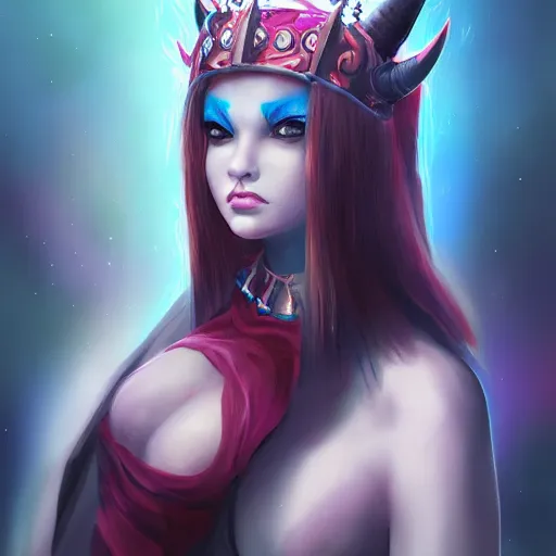 Prompt: portrait of demon queen with blue horns, anime girl, digital painting, devian art, trending on artstation, hd, 4 k