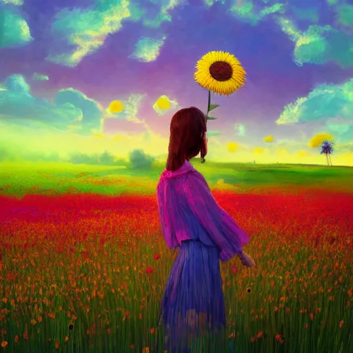 Prompt: giant daisy flower in front of head, full body girl floating in a flower field, surreal photography, sunrise, dramatic light, impressionist painting, colorful clouds, digital painting, artstation, simon stalenhag