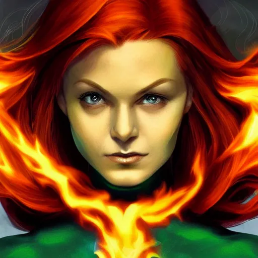 Image similar to jean grey, a full body portrait of jean grey, green eyes, red hair, phoenix rising, flames, flying, comic, x - men, highly detailed, artstation, deviantart, symetry, digital painting, vivid colors, realistic shaded perfect face, volumetric lighting, atmospheric, sharp focus, moody, in the style of alex ross, 8 k