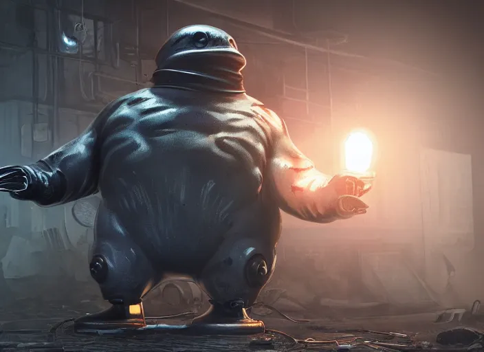 Image similar to buffed cyber penguin in fallout 4, horror scene, artgerm, rutkowski, tooth wu, beeple, and intricate