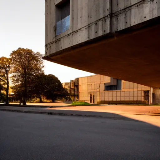 Prompt: Beautiful Photograph of a Brutalist socialist modernist Building, lowshot, golden-hour