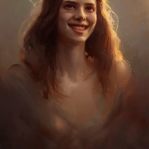 Prompt: epic portrait of a beautiful girl with an unnaturally wide smile, beautiful!, dewy skin, ethereal, painting, concept art, warm lighting, greg rutkowski