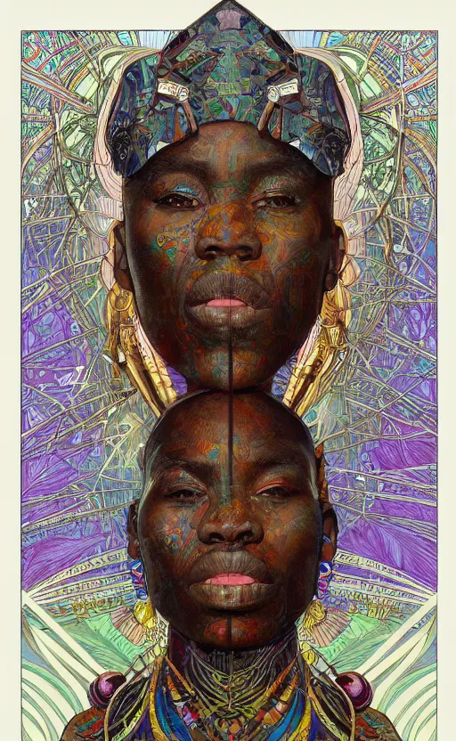 Image similar to upper half portrait of retro futuristic african tribal chief - embellished with vegetation and iridescent crystals, art by stanley artgem lau, design blocking by alphonso mucha, colouring by zdzisaw beksinski, highly detailed, digital painting, airbrush, concept art, illustration, smooth sharp focus, intricate, symmetry, artstation, colourful,