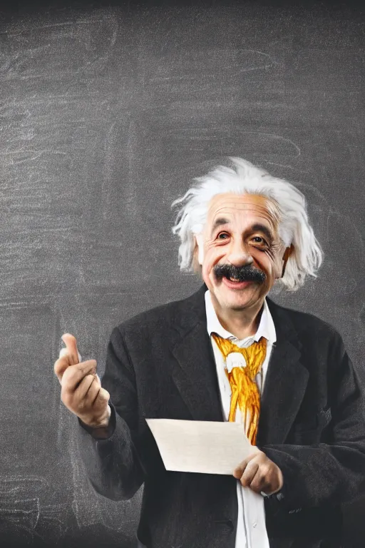 Image similar to professional photo of happy albert einstein on the background of the blackboard on which it is written e = mc 2, portrait,, ancient, realistic, detailed