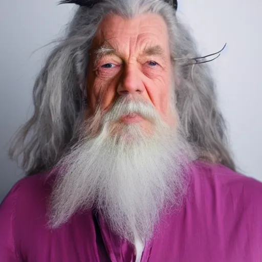 Prompt: gandalf with a pink bowtie in his hair
