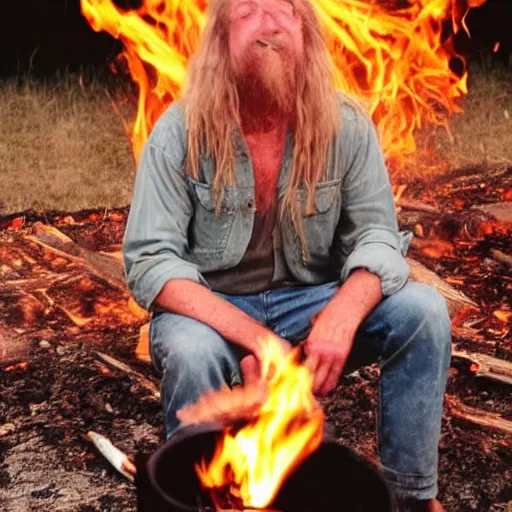 Image similar to photo of hillbilly with long blonde hair around a bonfire, symmetric face