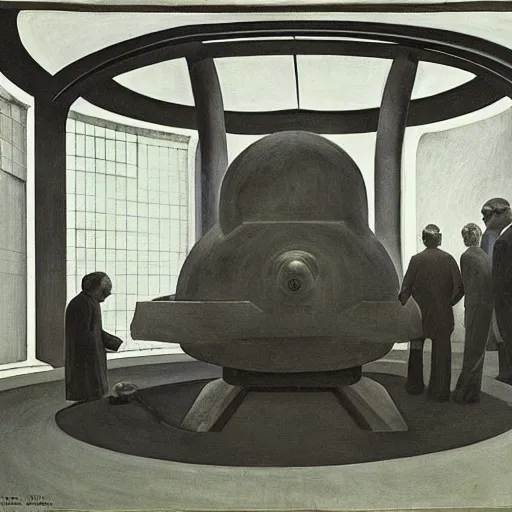 Image similar to scientists inspecting a giant creature in a dome - shaped control center, grant wood, pj crook, edward hopper, oil on canvas