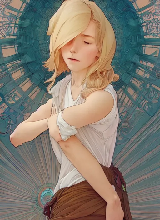 Image similar to pretty young man with shoulder length blond hair, half body shot, path traced, highly detailed, high quality, digital painting, by studio ghibli and alphonse mucha, hidari, disney, android jones, andreas rocha, conrad roset