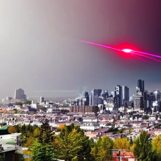 Prompt: ufo throwing laser beams over a city, destroying buildings, people scared and scaping, the sky is red