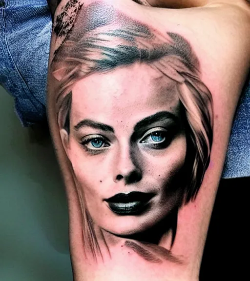 Image similar to tattoo design sketch double exposure of margot robbie faded with beautiful mountain scenery, creative mash up, in the style of arlo dicristina, surrealist, amazing detail, sharp