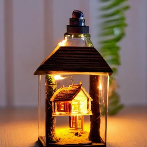 Image similar to a tiny wooden cottage with warm lights inside a terrarium bottle.