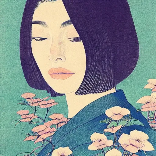 Prompt: “ jessica biel portrait by ikenaga yasunari and ayana otake and ko rakusui, 6 0 s poster, drawing, realistic, sharp focus, japanese, dreamy, nostalgia, faded, golden hues, floral clothes, porcelain skin ”