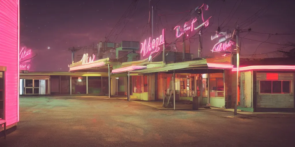 Image similar to an empty parking lout outside an abandoned retro diner at night, by lee madgwick, pink and orange neon lights, highly detailed, photorealistic, artstation trending, cryengine 8 k uhd