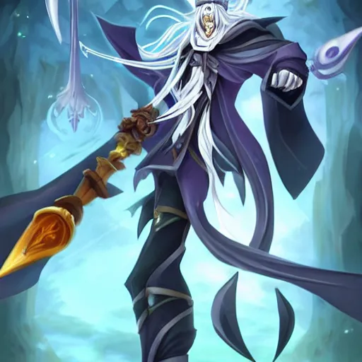 Image similar to Karthus from League of Legends holding a magical staff, laughing, anime art style