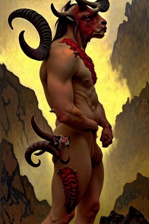 Image similar to portrait of a beautiful young fit male demon with ram horns, scaly torso and goat legs, hellish scene, by greg rutkowski and alphonse mucha, d & d character, gradient red to yellow, in front of an hellish landscape background, highly detailed portrait, digital painting, artstation, concept art, smooth, sharp focus ilustration, artstation hq