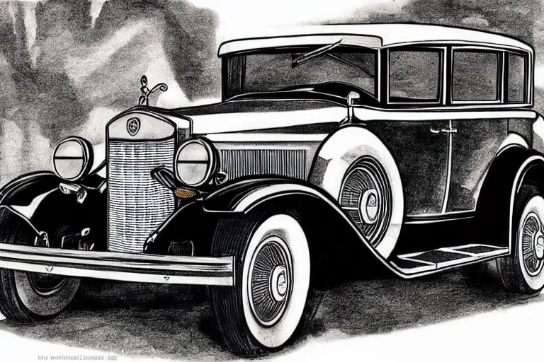 Prompt: ink drawing of a 1 9 3 0 cadillac