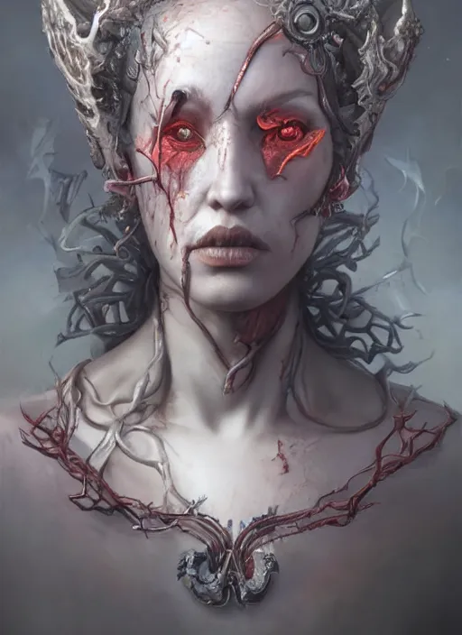 Image similar to a hyper detailed face portrait of the queen of blades, wounded face, diablo 4 lilith, sideshow figurines, by tom bagshaw, artgerm, dorian cleavenger, greg rutkowski, wlop, astri lohne, zdzisław beksinski trending on artstation