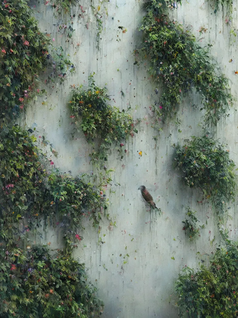 Image similar to abstract wall, hyperrealistic sparrows, impressionist greenery, sea visible through the cracks in the paint. By Gregory Mortenson, Alyssa Monks, Stephen Bauman, Conor Walton, Casey Baugh, Jeremy Lipking, Adam Miller, Mario Robinson. oil on canvas.