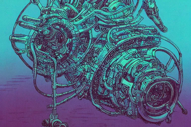 Image similar to risograph artwork of a biomechanical submarine underwater by Moebius and Alex Ross, intricately deteailed, trending on artstation