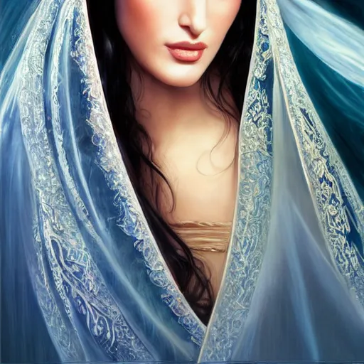 Prompt: Beautiful face Portrait of young arab Monica Bellucci, blue eyes with transparent contact lenses, long wavy black hair, white veil, closeup, focus face, colored, middle eastern, dramatic lighting, intricate, wild, highly detailed, digital painting, artstation, concept art, smooth, sharp focus, illustration, art by artgerm and greg rutkowski and alphonse mucha, footage from space camera