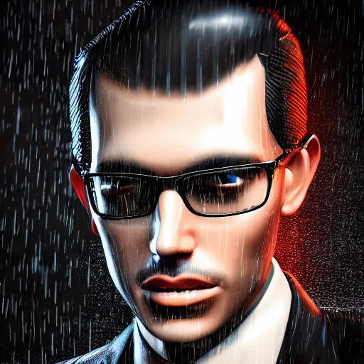 Image similar to stylish cartoon portrait made out of rain, pinstripe suit, cyberpunk background, rendered in octane, unreal engine, highly detailed, trending on artstation, realistic, neon, beautiful, volumetric lighting, depth of field