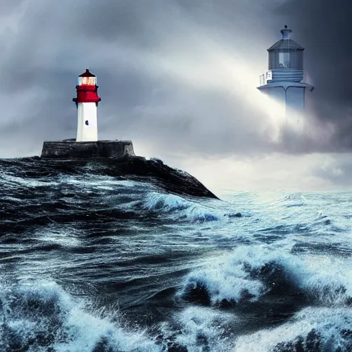 Prompt: A beautifully strange photo illustration of a small lighthouse in the middle of the ocean under a storm, rain, ligtning, wind, huge waves, clouds, sun rays, volumetric lightning, beautiful, deep colors, bright, amazing, gorgeous, wonderful, Hyper detailed digital matte painting, concept art, hyperrealism, Cinema 4D, 8k resolution, 64 megapixels, coherent, CGSociety, ZBrush Central, behance HD, hypermaximalist, a masterpiece, 4K