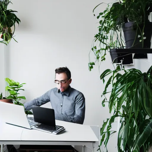 Prompt: olivier working at his desk, programming, dark room, plants, white desk