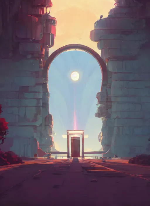 Image similar to warm canyon with giant gate entrance, nuclear powered, detailed, futuristic, cory loftis, james gilleard, atey ghailan, makoto shinkai, goro fujita, studio ghibli, rim light, exquisite lighting, clear focus, very coherent, plain background