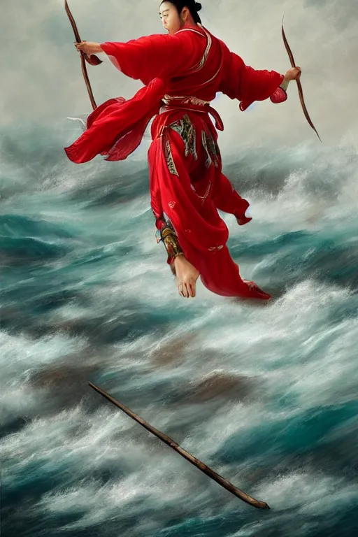 Image similar to a masterpiece portrait of legendry nezha flies riding on the wind fire wheels across the sea, water everywhere, chinese mythology, side view, red cloth around his shoulders, hold spear, cinematic, fantasy character portrait, highly detailed, by ne zha ( 2 0 1 9 ), fenghua zhong