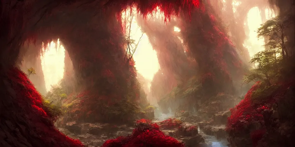 Prompt: entrance to small grotto deep inside the forest, red crystals growing everywhere. In style of Greg Rutkowski, Jesper Ejsing, Makoto Shinkai, trending on ArtStation, fantasy, great composition, concept art, highly detailed, scenery, 8K, Behance.