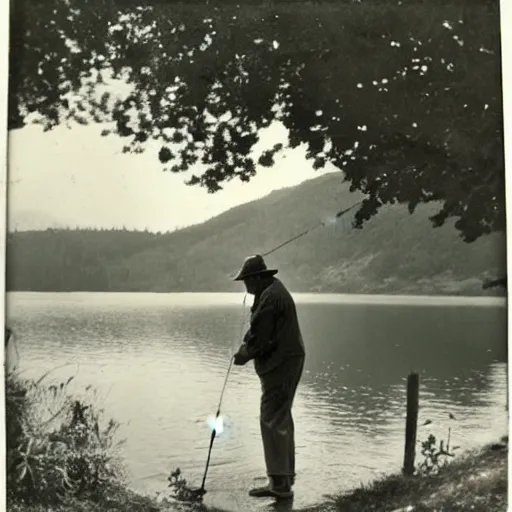 Prompt: A vintage photo of an old man fishing in a lake.