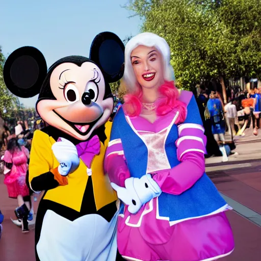 Prompt: transgender mickey mouse costumed character at disneyland, highly detailed, very high resolution, ultra realistic