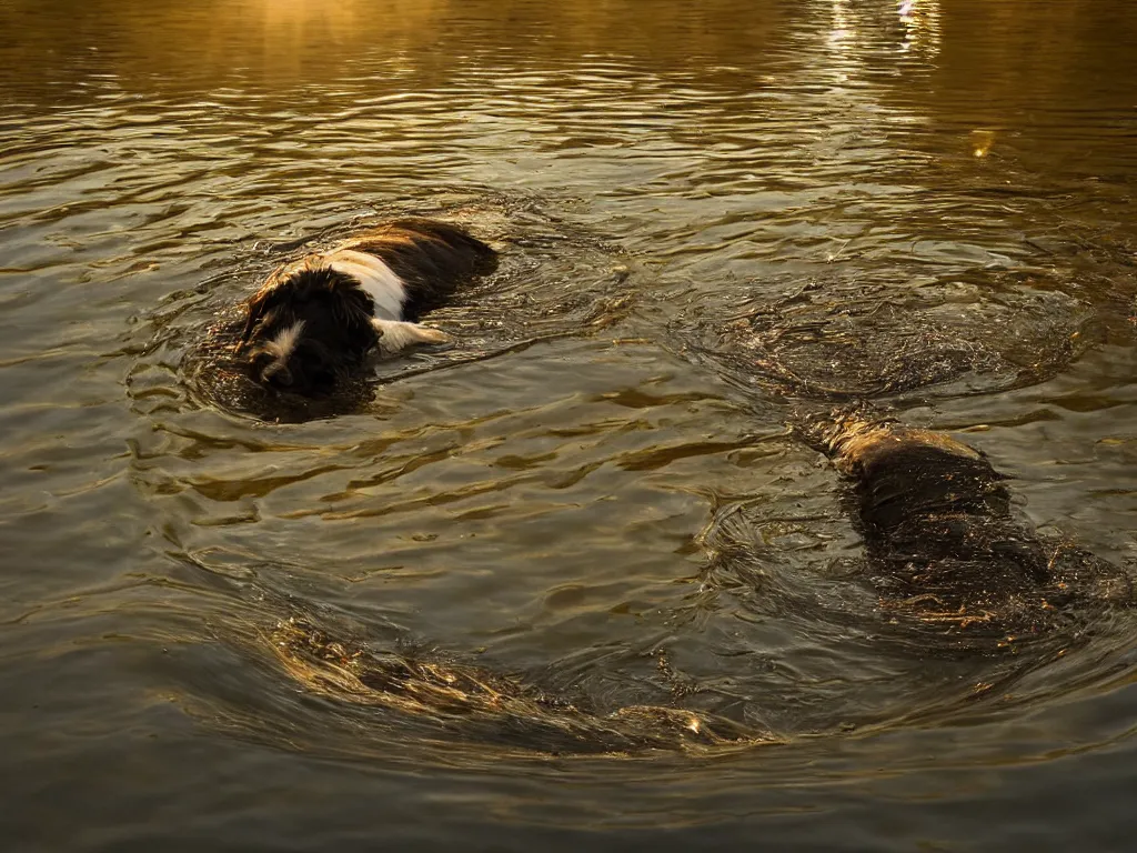 Image similar to a dog!!!!!!!!!!!! looking!!!!! down!!!!!, reflection!!!!! in water, ripples, small stream, beautiful!!!!!! photograph, golden hour, high resolution, national geographic