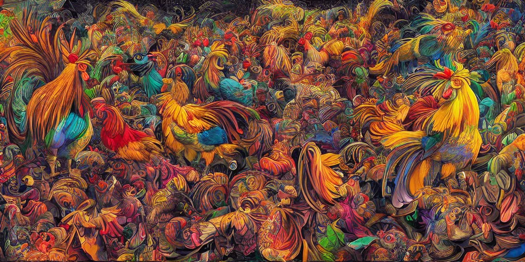 Prompt: colorful illustration of a million fighting roosters, mix of styles, collage of styles, abstract, surreal, intricate, highly detailed, dark color scheme, golden ratio