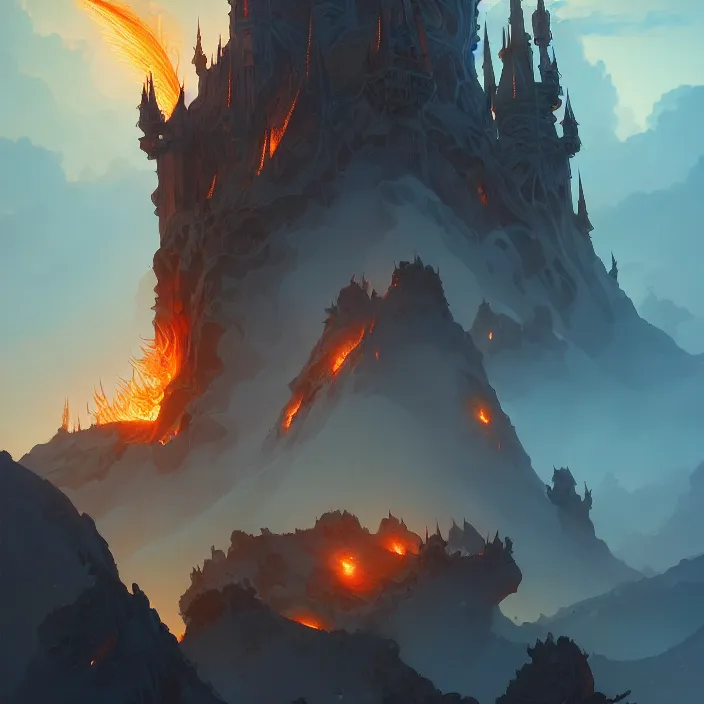 Image similar to style artgerm, joshua middleton, ellen jewett, a castle of brimstone, very long spires, fire swirling, detailed, volcano background setting, volumetric lighting