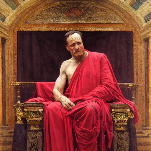 Image similar to the end is near. a tired julius caesar is sitting on a throne. portrait. face is highly detailed. intricate. splices of red are running down his toga. close shot. dark background. soft light. imagined by jeremy lipking and alphonse mucha