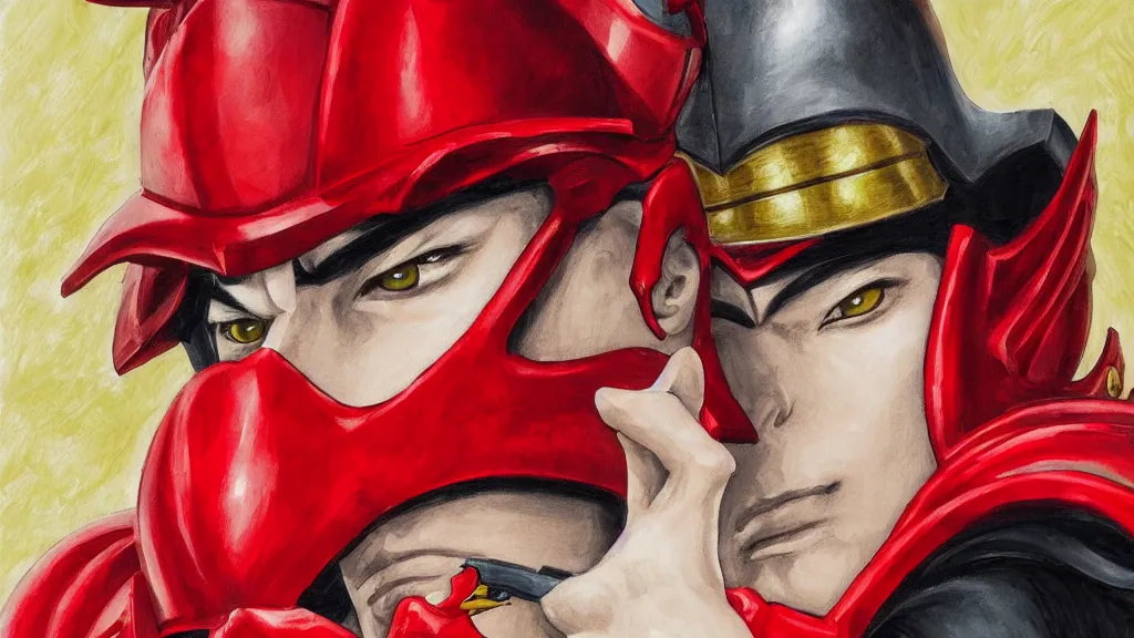 Image similar to Jotaro Kujo in scarlet red holy knight armour wear a helmet in the shape of heron cover upper half of his face, hold a cross sword with fire vertically, high detailed, precise and neat artist Sangood Jeong style, oil painting texture